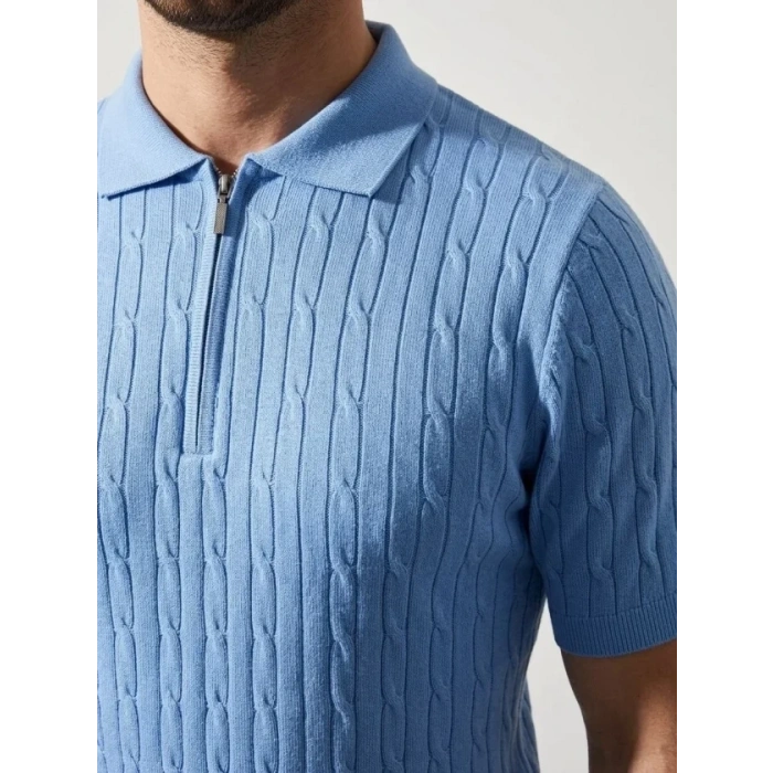 Erkek Yazlık Triko Saç Örgü Tişört Kısa Kol Polo Yaka Fermuarlı T-Shirt - Bebe Mavisi