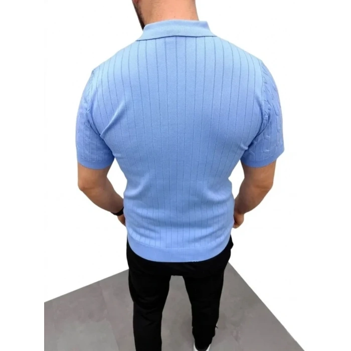 Erkek Yazlık Triko Saç Örgü Tişört Kısa Kol Polo Yaka Fermuarlı T-Shirt - Bebe Mavisi