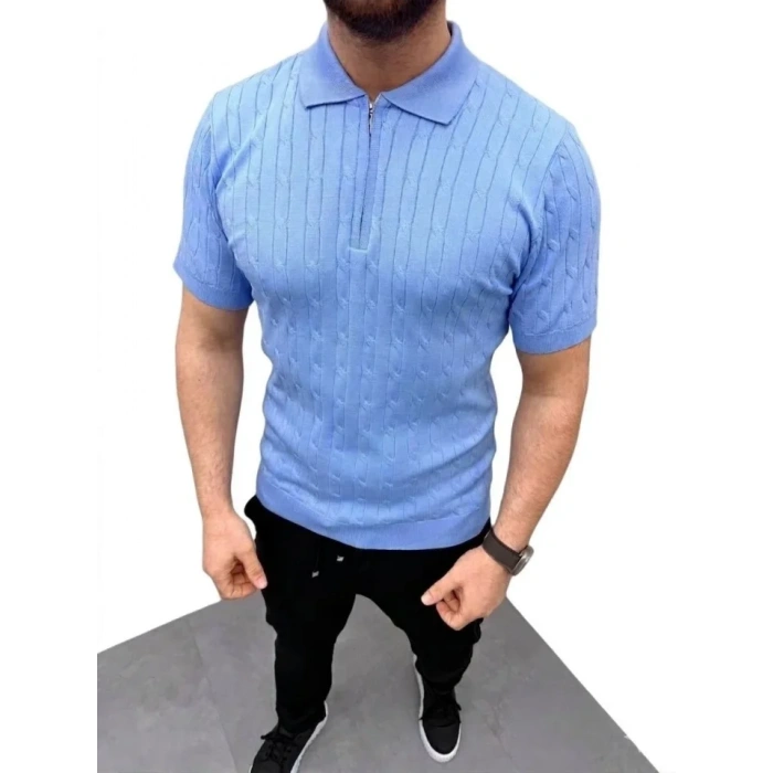 Erkek Yazlık Triko Saç Örgü Tişört Kısa Kol Polo Yaka Fermuarlı T-Shirt - Bebe Mavisi