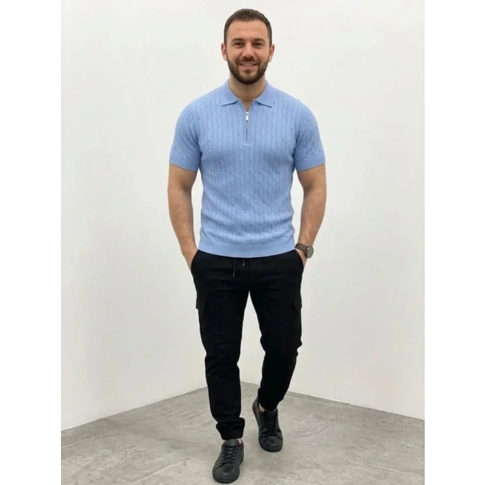 Erkek Yazlık Triko Saç Örgü Tişört Kısa Kol Polo Yaka Fermuarlı T-Shirt - Bebe Mavisi
