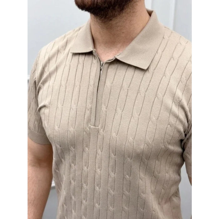 Erkek Yazlık Triko Saç Örgü Tişört Kısa Kol Polo Yaka Fermuarlı T-Shirt - Bej