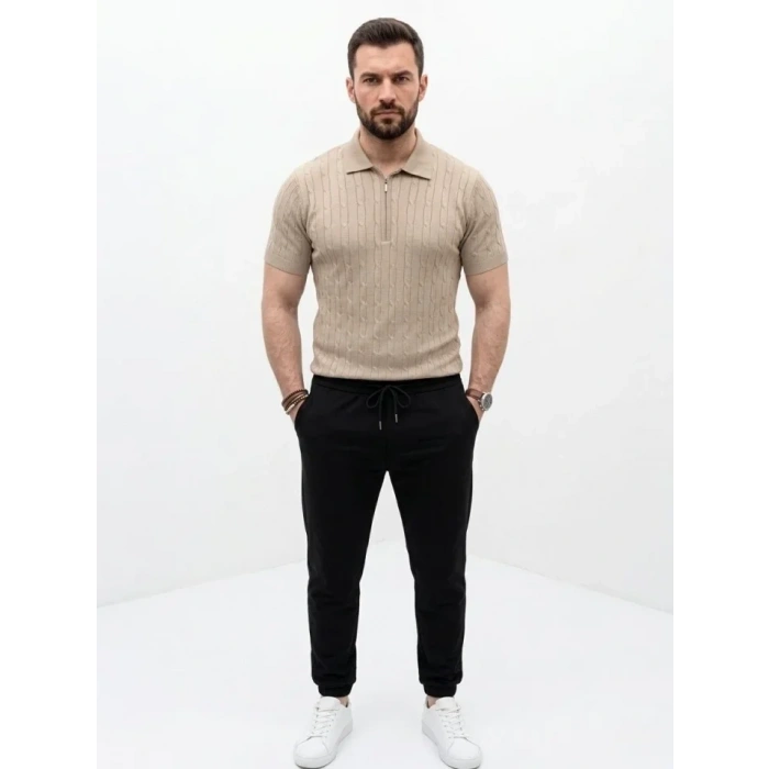 Erkek Yazlık Triko Saç Örgü Tişört Kısa Kol Polo Yaka Fermuarlı T-Shirt - Bej