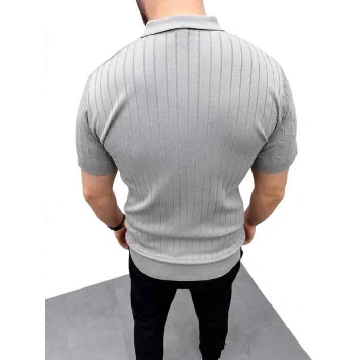 Erkek Yazlık Triko Saç Örgü Tişört Kısa Kol Polo Yaka Fermuarlı T-Shirt - Gri