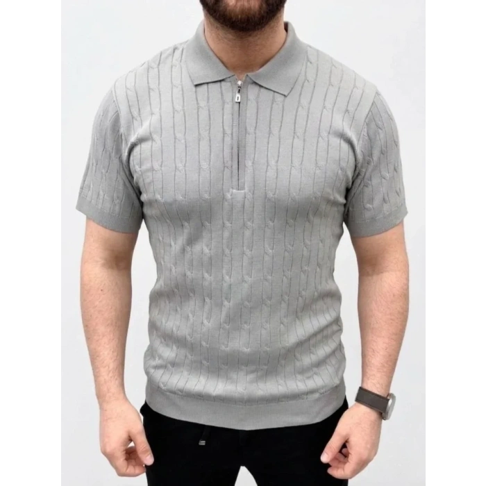 Erkek Yazlık Triko Saç Örgü Tişört Kısa Kol Polo Yaka Fermuarlı T-Shirt - Gri