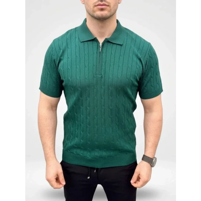 Erkek Yazlık Triko Saç Örgü Tişört Kısa Kol Polo Yaka Fermuarlı T-Shirt - Haki