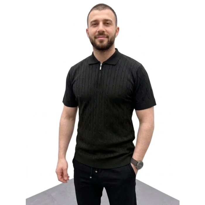 Erkek Yazlık Triko Saç Örgü Tişört Kısa Kol Polo Yaka Fermuarlı T-Shirt - Siyah