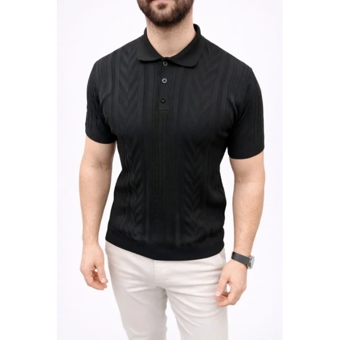 Erkek Yazlık Triko Tişört Kısa Kol Polo Yaka Düğmeli T-Shirt - Siyah