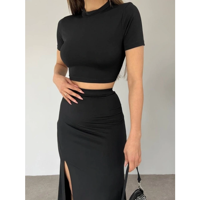 Eteği Yırtmaçlı Sandy Crop Takım -Siyah