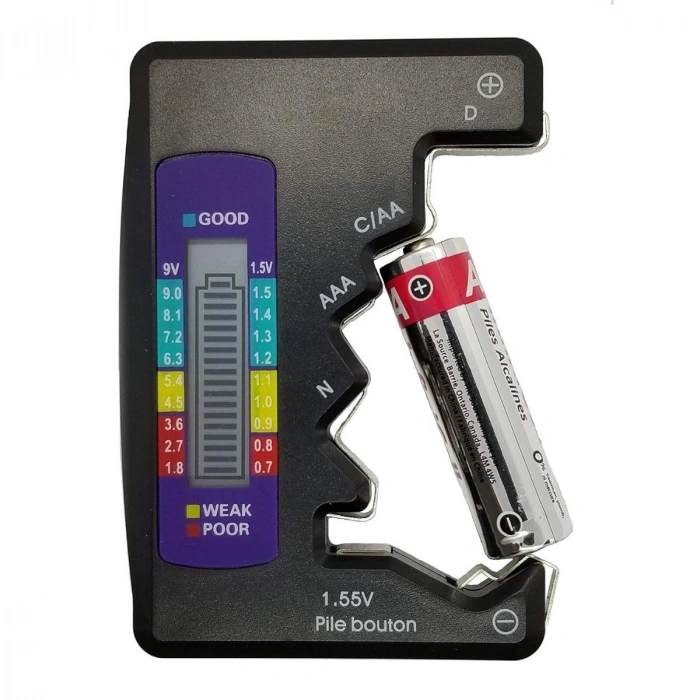 Evrensel Dijital Pil Test Cihazı – AA, AAA, C, D, N, 9V ve Düğme Pil Uyumlu Mini Pil Kapasite & Seviye Ölçer (4940)