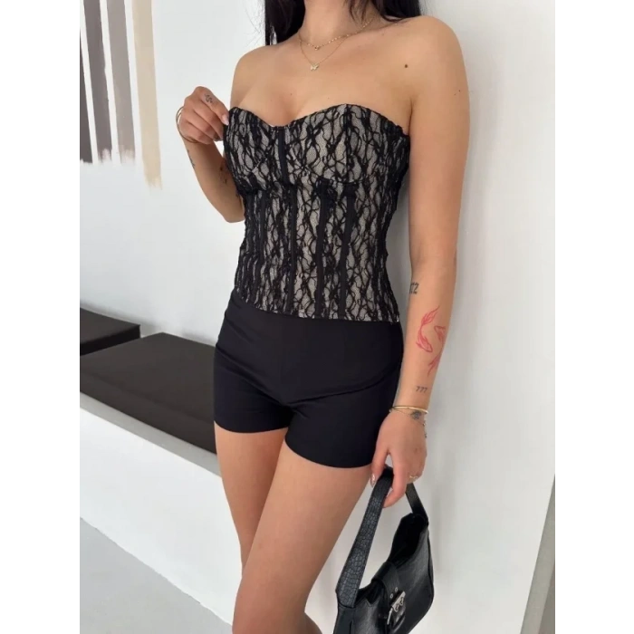 Fermuarlı Dantel Korse Straplez Bustiyer Transparan Şık Top - Bej