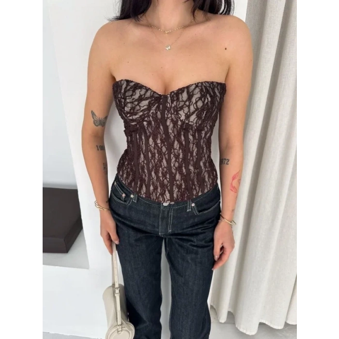 Fermuarlı Dantel Korse Straplez Bustiyer Transparan Şık Top - Kahverengi
