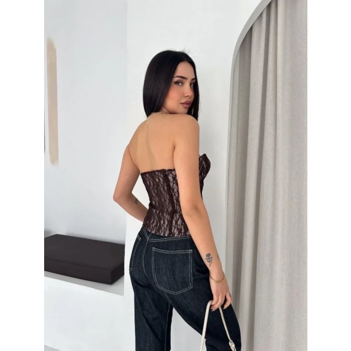 Fermuarlı Dantel Korse Straplez Bustiyer Transparan Şık Top - Kahverengi