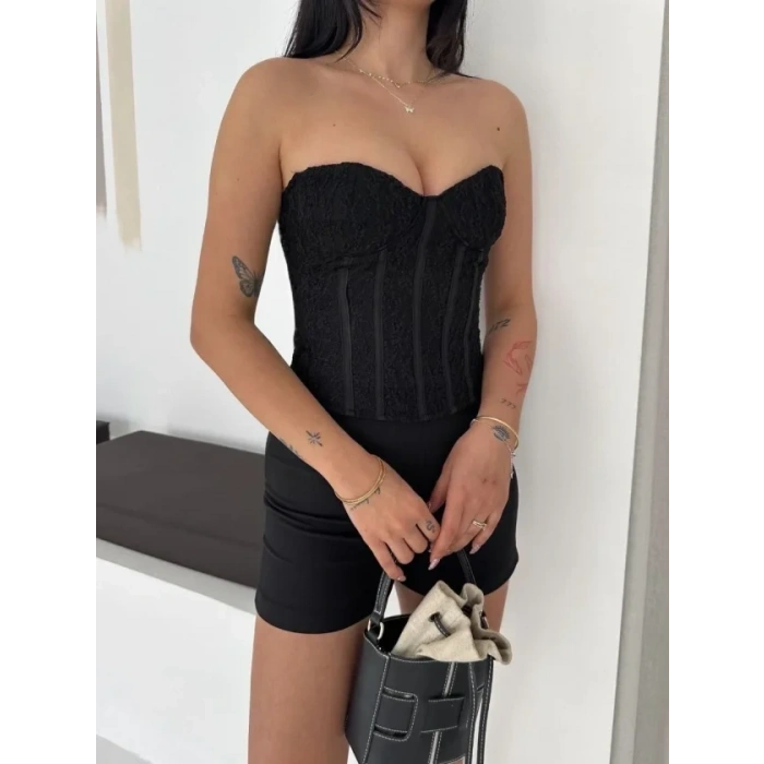 Fermuarlı Dantel Korse Straplez Bustiyer Transparan Şık Top - Siyah