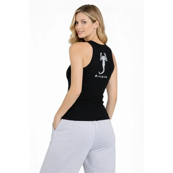 Fitilli Atlet Sıfır Yaka Slim Fit Arka Baskılı Spor Atlet - Siyah