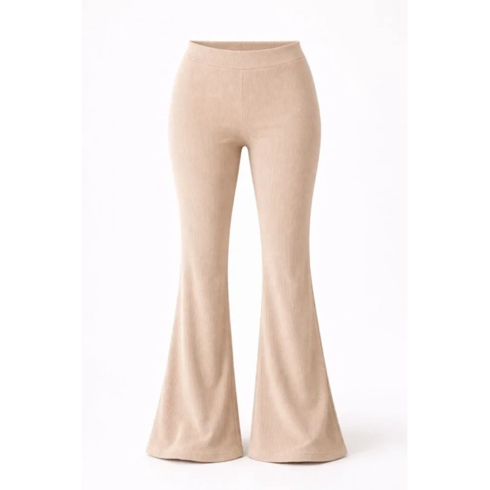 Fitilli Kaşkorse İspanyol Paça Tayt Yüksek Bel Esnek Günlük Rahat Pantolon - Bej