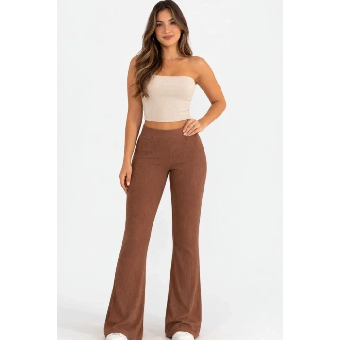 Fitilli Kaşkorse İspanyol Paça Tayt Yüksek Bel Esnek Günlük Rahat Pantolon - Kahverengi