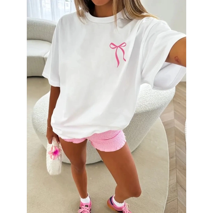 Fiyonk Baskılı Oversize Bisiklet Yaka T-shirt - Beyaz