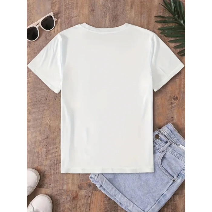 Fiyonk Baskılı Oversize Bisiklet Yaka T-shirt - Beyaz