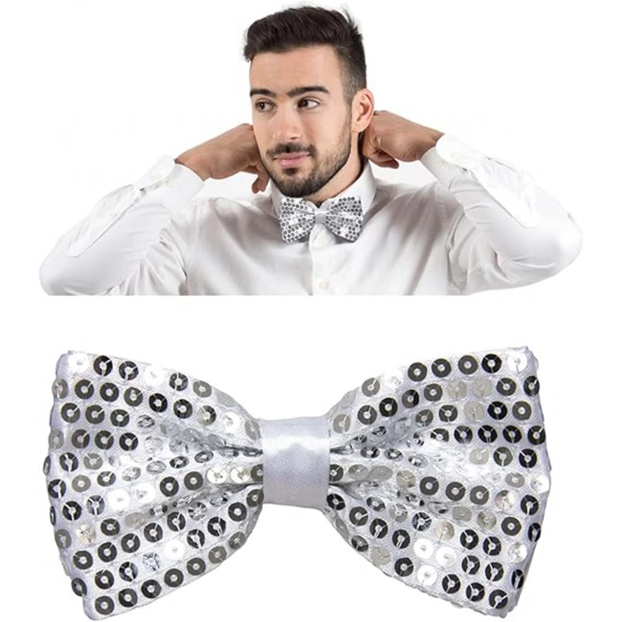 Gece Işıltısı Gümüş Payetli Pullu Papyon 7x2 cm (4940)