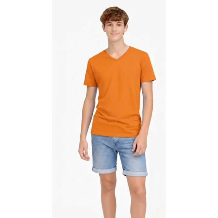 Genç Erkek Çocuk V Yaka Tişört Yazlık Model Günlük Basic Body - Turuncu