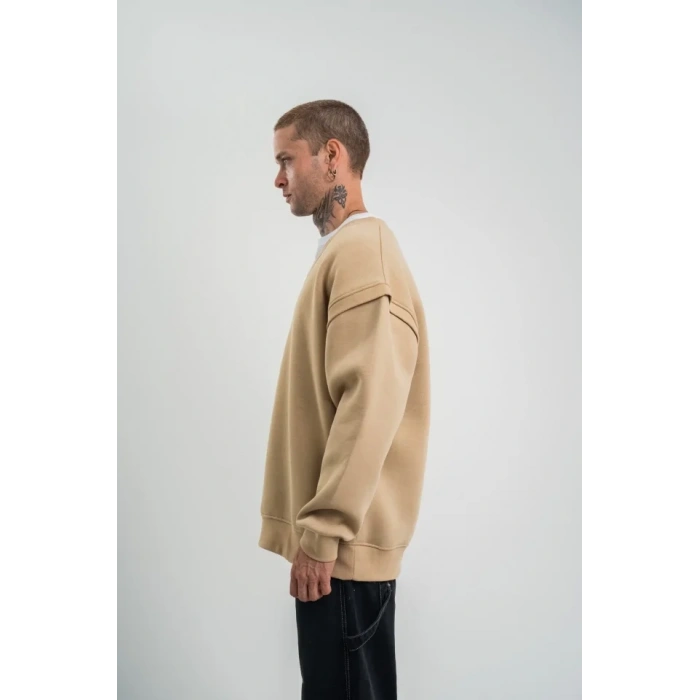 Geniş V Yaka Kol Ribana Detaylı SweatShirt - Bej