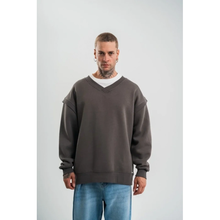 Geniş V Yaka Kol Ribana Detaylı SweatShirt - Füme