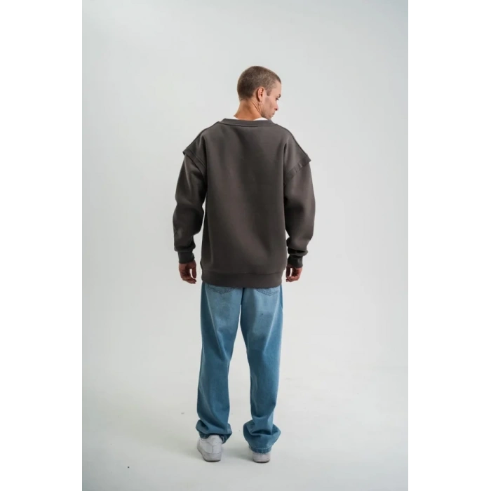 Geniş V Yaka Kol Ribana Detaylı SweatShirt - Füme