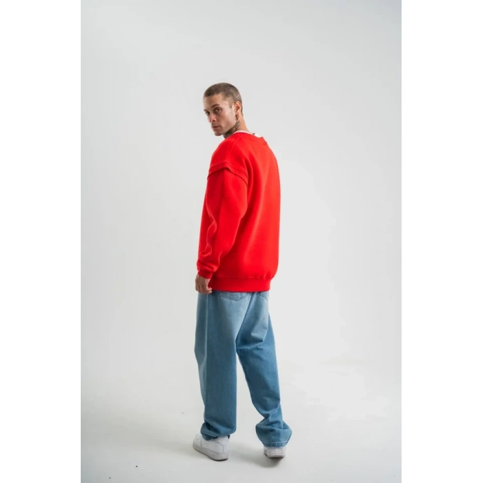 Geniş V Yaka Kol Ribana Detaylı SweatShirt - Kırmızı