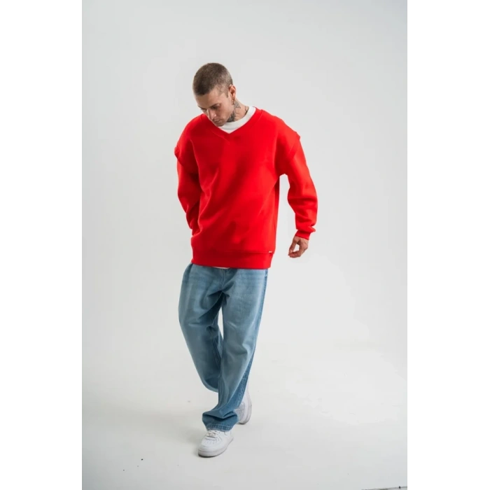 Geniş V Yaka Kol Ribana Detaylı SweatShirt - Kırmızı