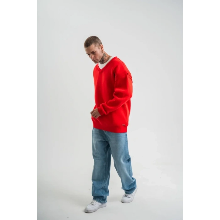 Geniş V Yaka Kol Ribana Detaylı SweatShirt - Kırmızı