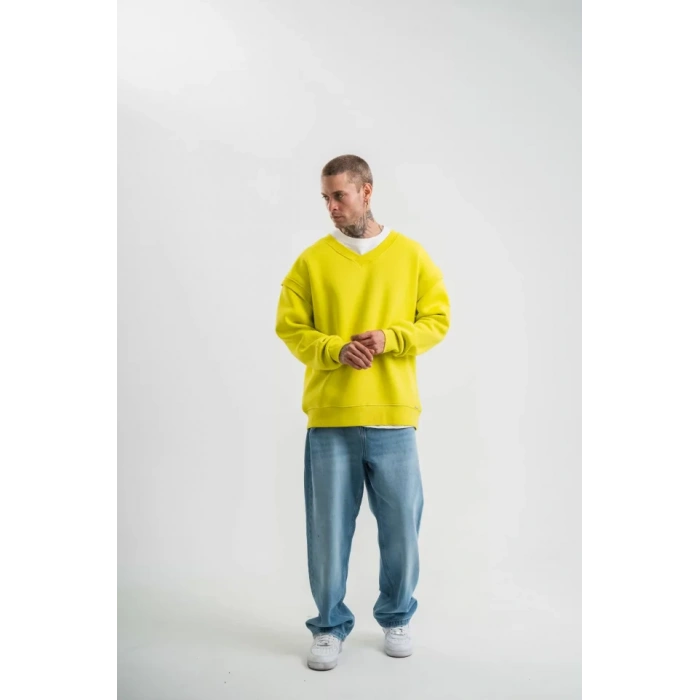 Geniş V Yaka Kol Ribana Detaylı SweatShirt - Sarı