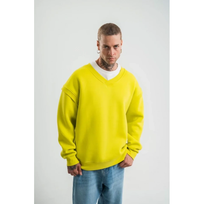 Geniş V Yaka Kol Ribana Detaylı SweatShirt - Sarı