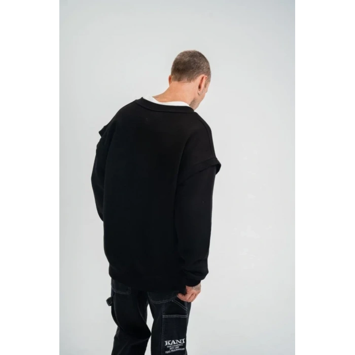 Geniş V Yaka Kol Ribana Detaylı SweatShirt - Siyah