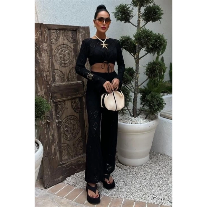 Göğüs Bağcık Detaylı Ajurlu Bluz Pantolon Takım 10098