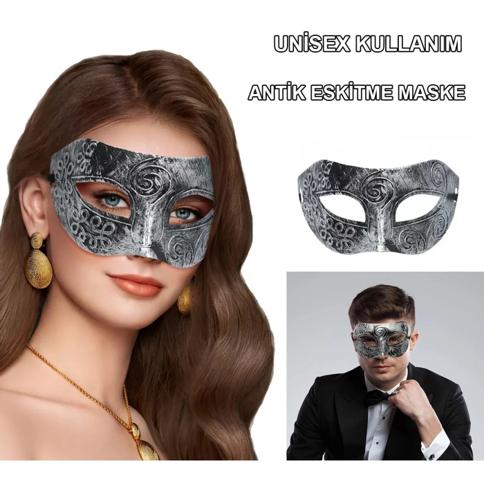 Gümüş Eskitme Yüz Maskesi - Antik Tarz Balo Maskesi (4940)