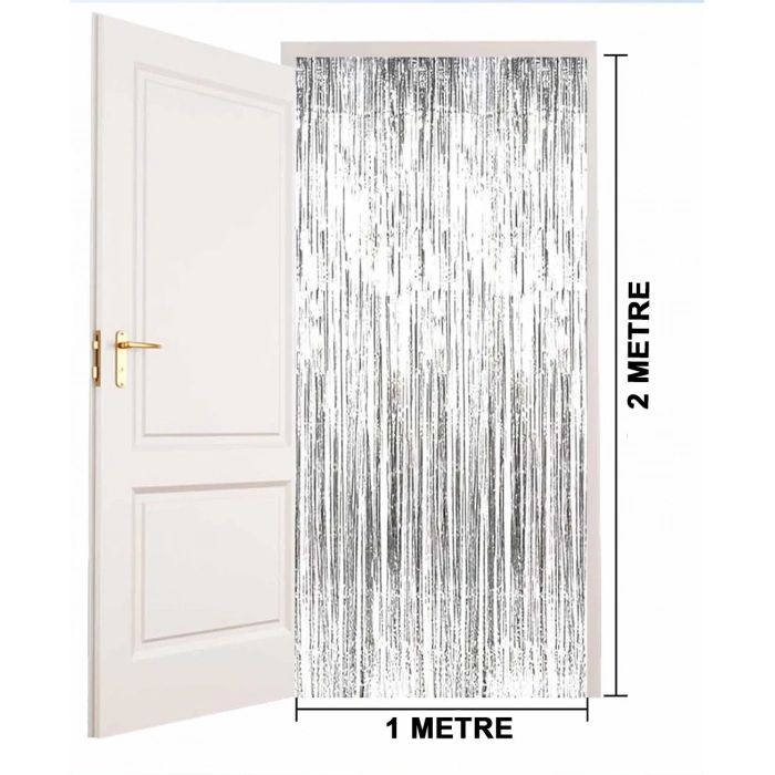 Gümüş Renk Ekstra Metalize Parlak Saçaklı Arka Fon Perde İthal A Kalite 1x2 Metre (4940)