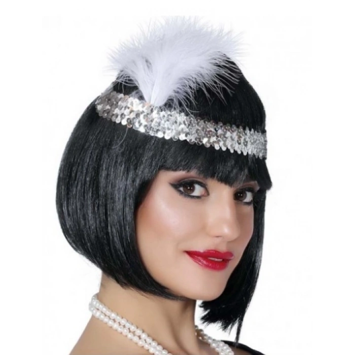 Gümüş Renk Tüylü Çarliston Saç Bandı Kafa Bandı (4940)