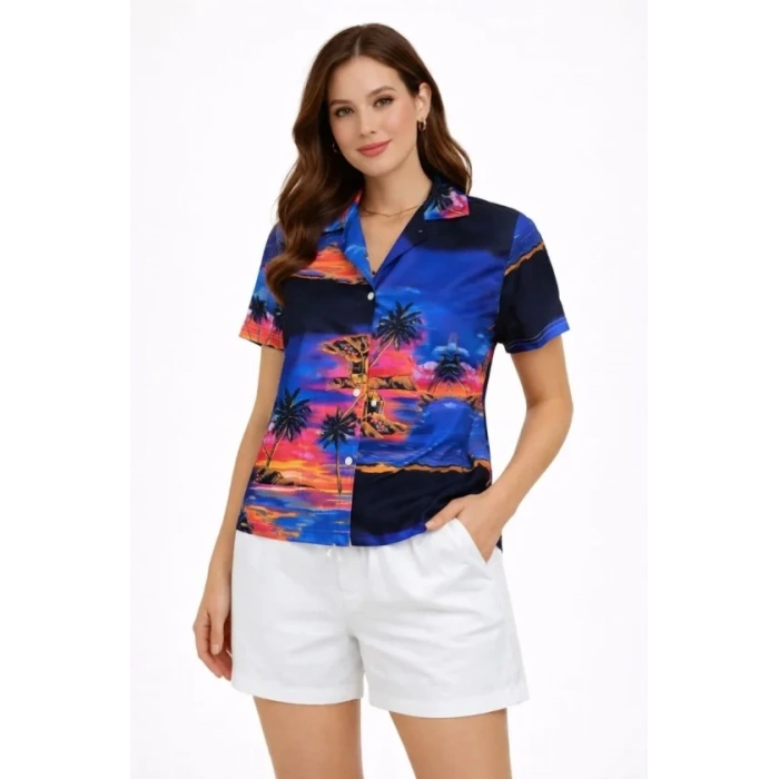 Gün Batımı Tropikal Desenli Kısa Kol Gömlek Şort Takım Yazlık Rahat Kalıp - Desenli