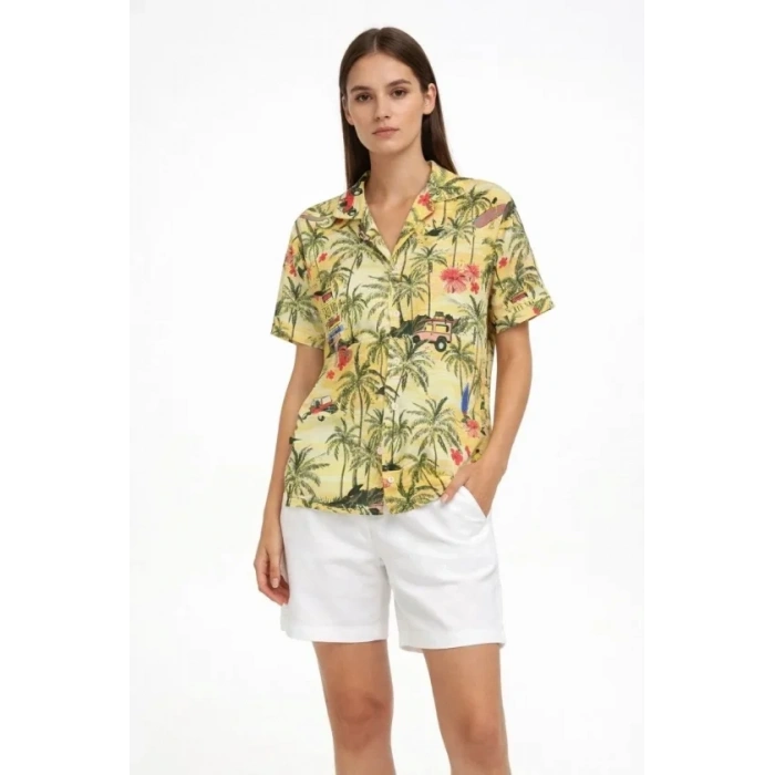 Gün Batımı Tropikal Desenli Kısa Kol Gömlek Şort Takım Yazlık Rahat Kalıp - Desenli