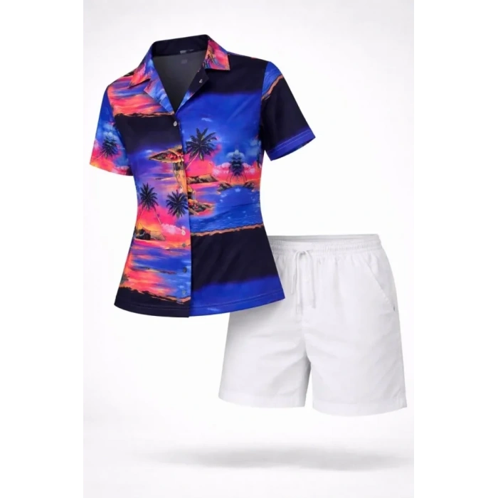 Gün Batımı Tropikal Desenli Kısa Kol Gömlek Şort Takım Yazlık Rahat Kalıp - Desenli