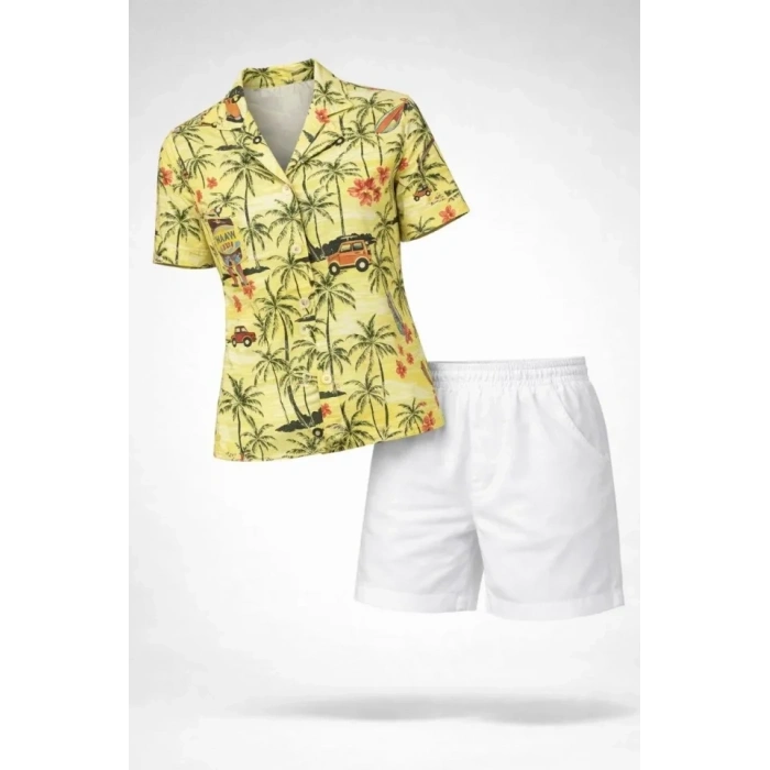 Gün Batımı Tropikal Desenli Kısa Kol Gömlek Şort Takım Yazlık Rahat Kalıp - Desenli