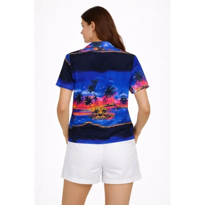 Gün Batımı Tropikal Desenli Kısa Kol Gömlek Şort Takım Yazlık Rahat Kalıp - Desenli