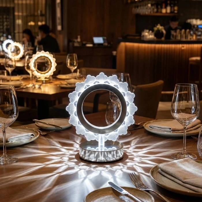 Güneş Şeklinde Kristal LED Masa Lambası – Dokunmatik, 3 Renk Işık Modlu, Şarjlı Mini Dekoratif Gece Lambası (4940)