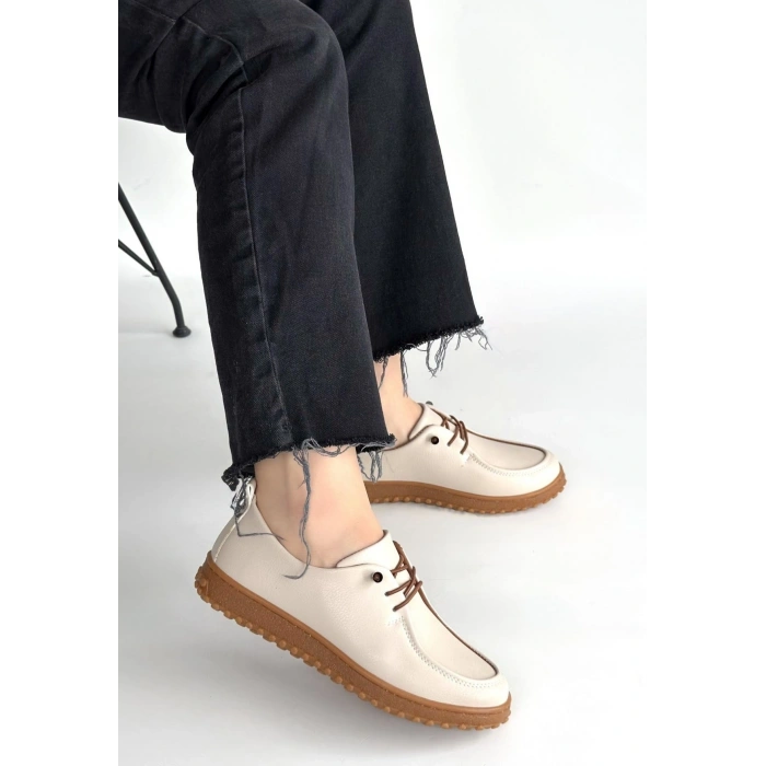 Guot Bej Cilt Bağcıklı Babet Ayakkabı