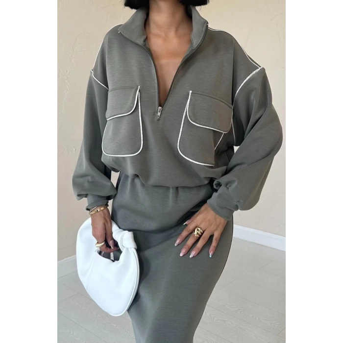 Haki Biyeli Sweatshirt Ve Etek Takım