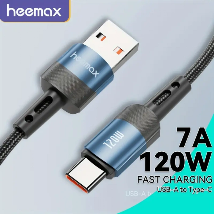 HEEMAX 120W USB A - USB C Hızlı Şarj Kablosu (7A),iPhone 16/15, Galaxy S25–S21, MacBook, iPad, Laptop Uyumlu