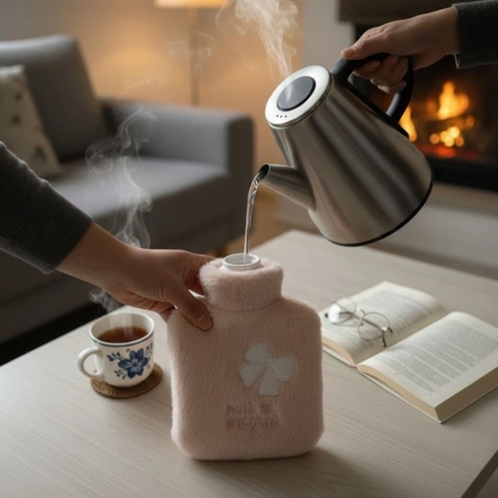 Hello Everyone Yazılı Kurdeleli Pembe Peluş Sıcak Su Torbası 1 Lt – Yumuşak Kılıf, Uzun Süre Sıcak Tutan Termal Su Torbası (4940)