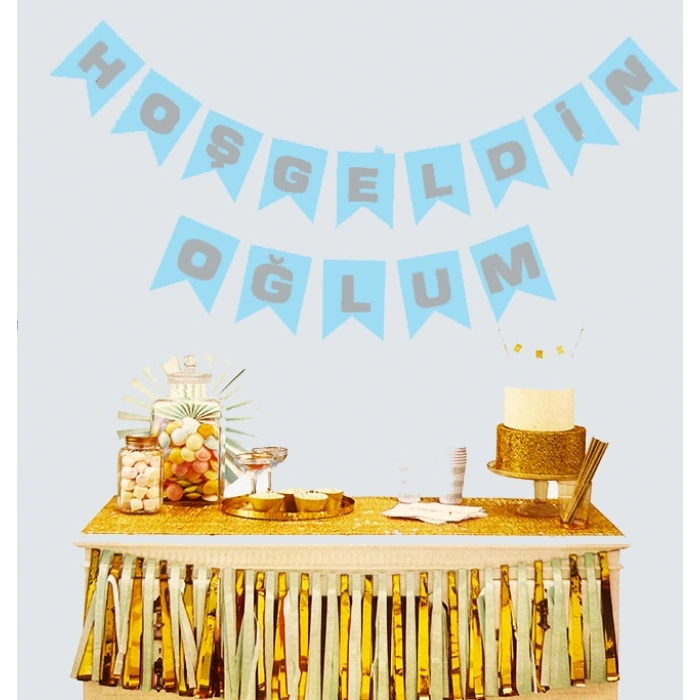 Hoşgeldin Oğlum Mavi Üzeri Gümüş Yeni Doğan Bebek Doğum Süsü Afiş Bayrak Flama 2.2 Metre (4940)