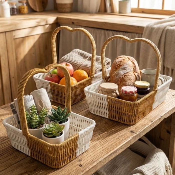 İç İçe Geçebilen 3’lü Çift Renkli Dikdörtgen Formlu Kalp Saplı Plastik Rattan Sepet Seti – Hasır Görünümlü Çok Amaçlı Organizerler (4940)