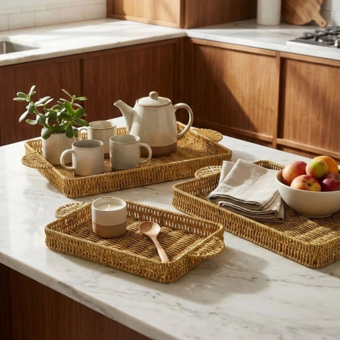 İç İçe Geçebilen 3’lü Dikdörtgen Plastik Rattan Tepsi Seti–Hasır Görünümlü Çok Amaçlı Servis ve Sunum Tepsileri (4940)